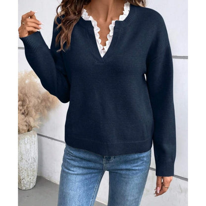 Women's Lace-Trimmed V-Neck Knit Top