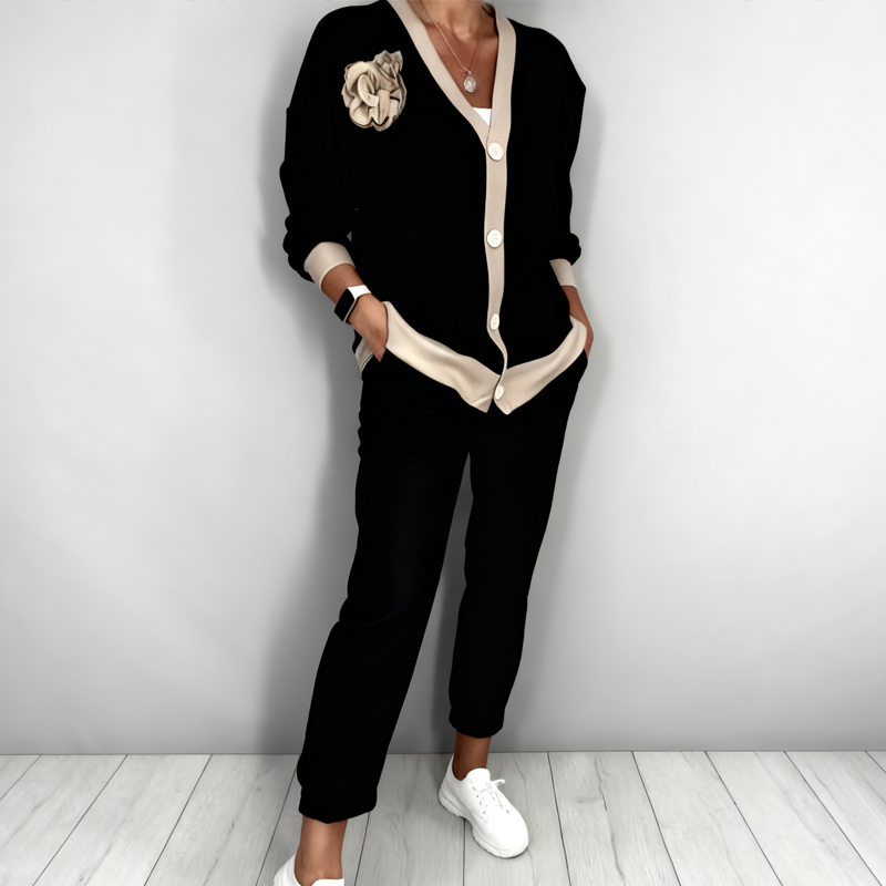 Women’s Casual V-Neck Top & High Waist Pants 2-Piece Set