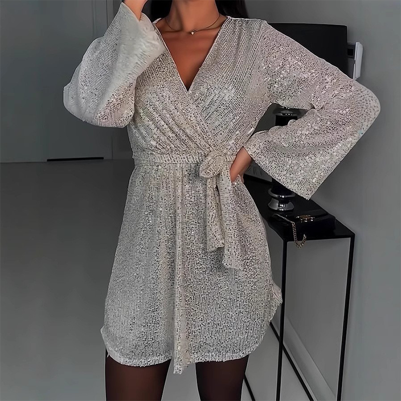 🔥Limited-time offer-Women's Sparkly V-Neck Long Sleeve Dress with Waist Tie