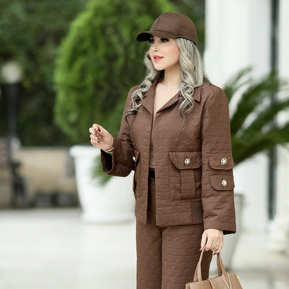 Women's Solid Casual Lapel Coat & Pants Two-Piece Set