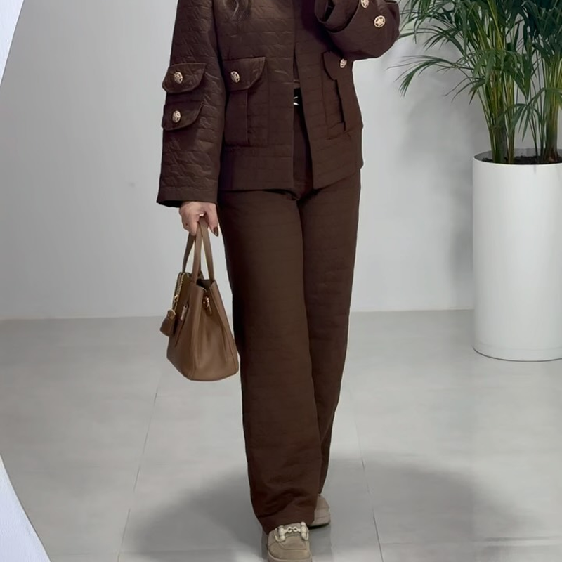 Women's Solid Casual Lapel Coat & Pants Two-Piece Set