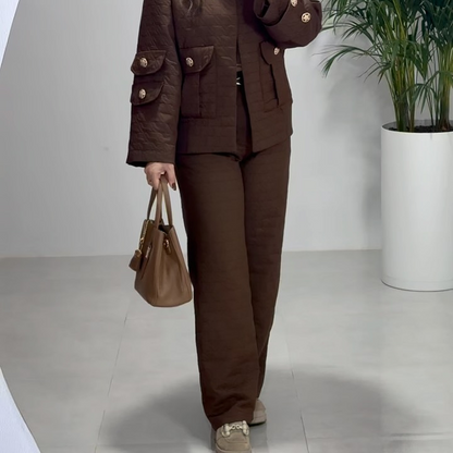 Women's Solid Casual Lapel Coat & Pants Two-Piece Set