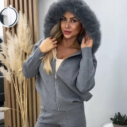 Women’s Plush Collar Zip-Up Hoodie & Jogger Set