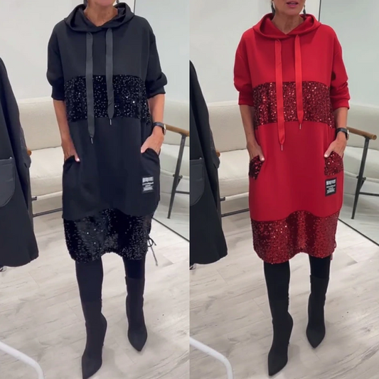 Trendy Loose Hooded Dress with Sequin Patchwork