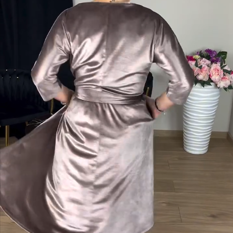 Women's 3/4 Sleeve Round-Neck Satin Midi Dress