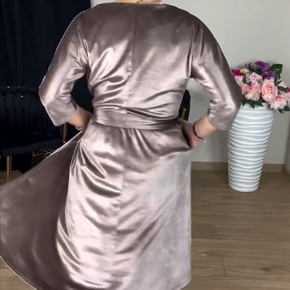 Women's 3/4 Sleeve Round-Neck Satin Midi Dress