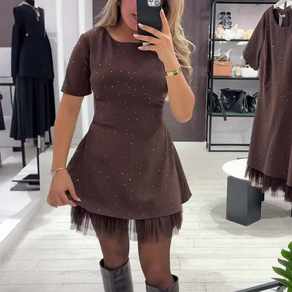 🔥Hot Sale Offers-Women’s Sparkling Lace Trim Short-Sleeve Mini Dress | Elegant & Shimmering