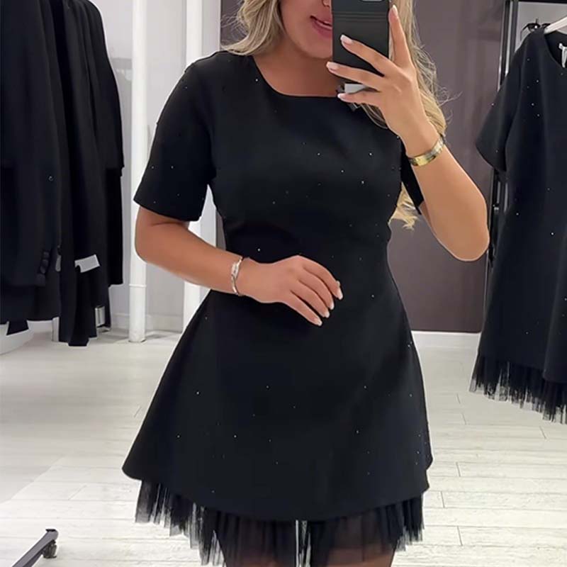 🔥Hot Sale Offers-Women’s Sparkling Lace Trim Short-Sleeve Mini Dress | Elegant & Shimmering