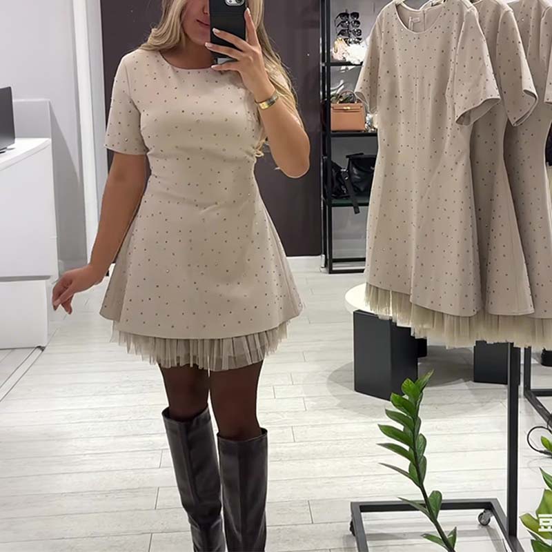🔥Hot Sale Offers-Women’s Sparkling Lace Trim Short-Sleeve Mini Dress | Elegant & Shimmering