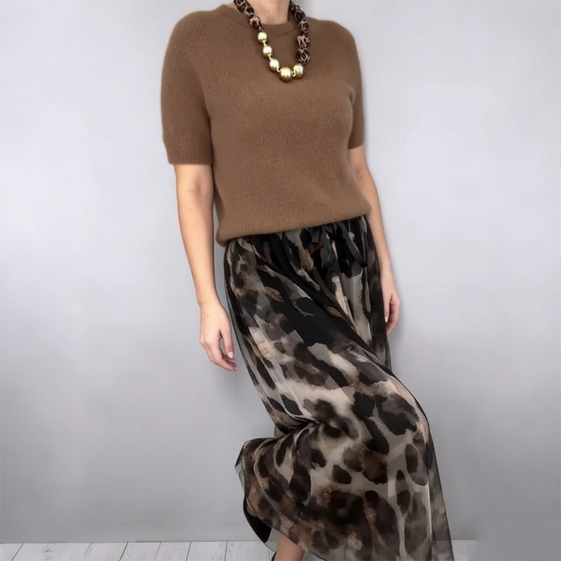 Women's Two-Piece Sweater & Leopard Flowy Skirt Set