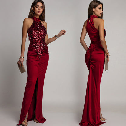 Women’s Stunning Sequin Halter Slit Maxi Dress