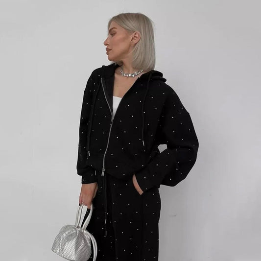 Women's Polka Dot Zip-Up Hoodie & Pants 2-Piece Set