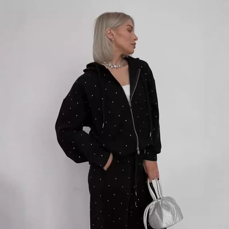 Women's Polka Dot Zip-Up Hoodie & Pants 2-Piece Set