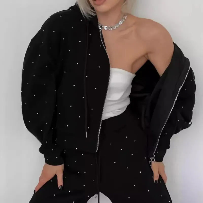 Women's Polka Dot Zip-Up Hoodie & Pants 2-Piece Set