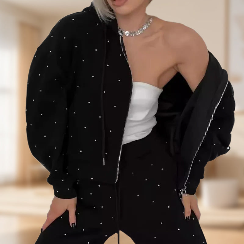 Women's Polka Dot Zip-Up Hoodie & Pants 2-Piece Set