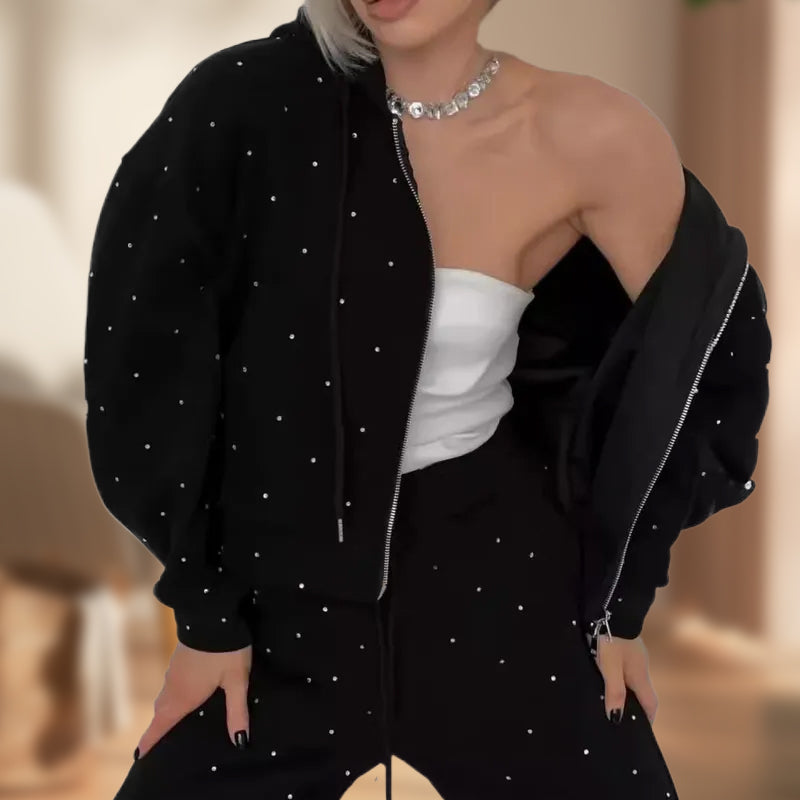 Women's Polka Dot Zip-Up Hoodie & Pants 2-Piece Set