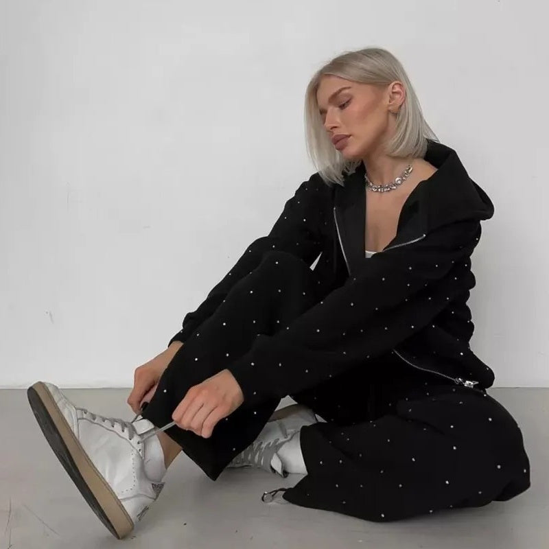 Women's Polka Dot Zip-Up Hoodie & Pants 2-Piece Set