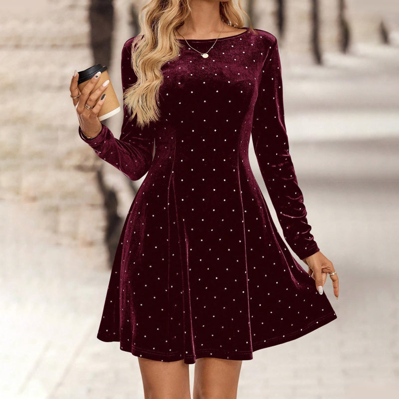 Women's Boat Neck Embellished Short A-Line Dress