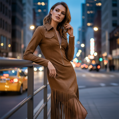 Women's Retro Zipper Midi Dress with Tassel