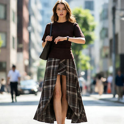 Solid Top & High-Slit Plaid Skirt Set