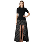 Solid Top & High-Slit Plaid Skirt Set