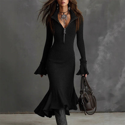 🎁2026 New Arrivals 50% OFF💥Retro Zipper Neck Trumpet Sleeve Midi Dress