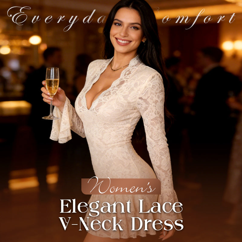 Elegant Lace V-Neck Dress with Ruffle Trim