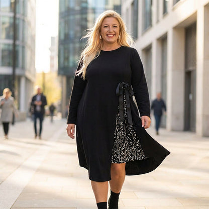 Women's Long Sleeve Dress with Spliced Sequin Panel