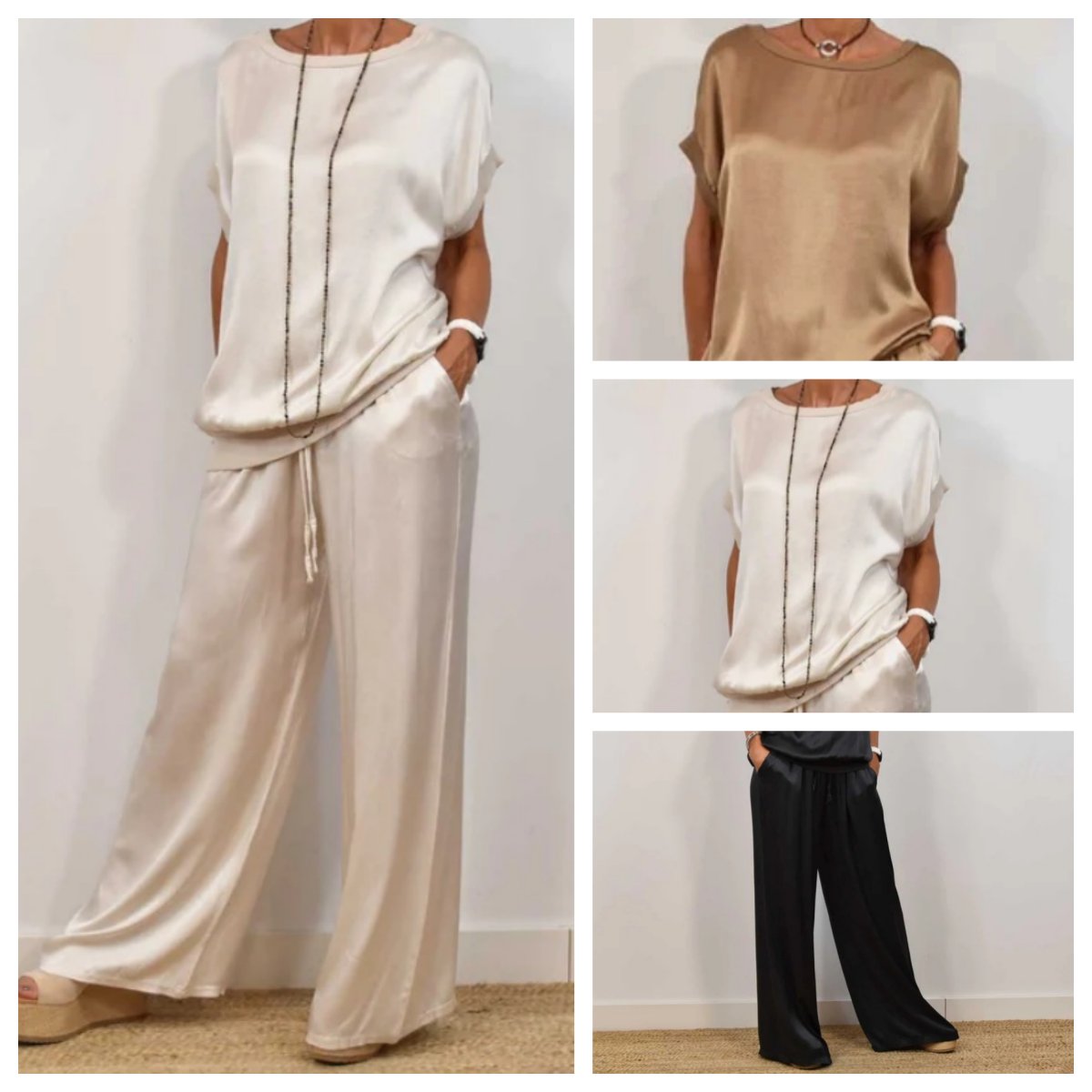 Women's Satin Short Sleeve Top & Pants 2-Piece Set
