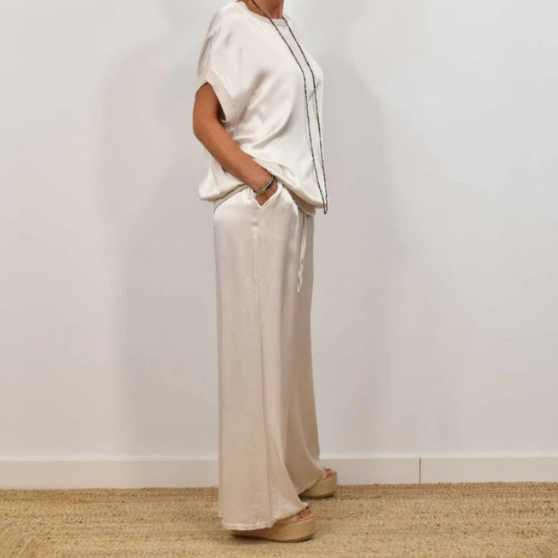 Women's Satin Short Sleeve Top & Pants 2-Piece Set