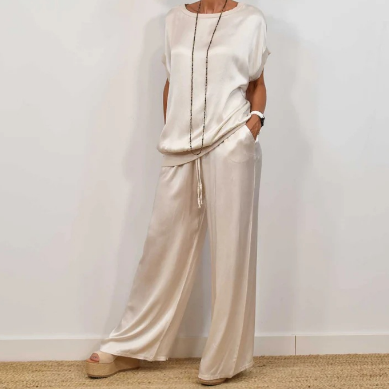 Women's Satin Short Sleeve Top & Pants 2-Piece Set