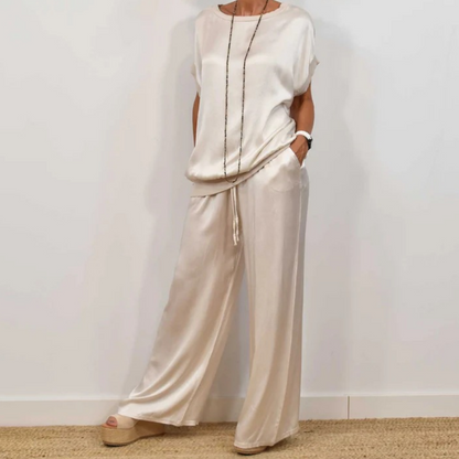 Women's Satin Short Sleeve Top & Pants 2-Piece Set
