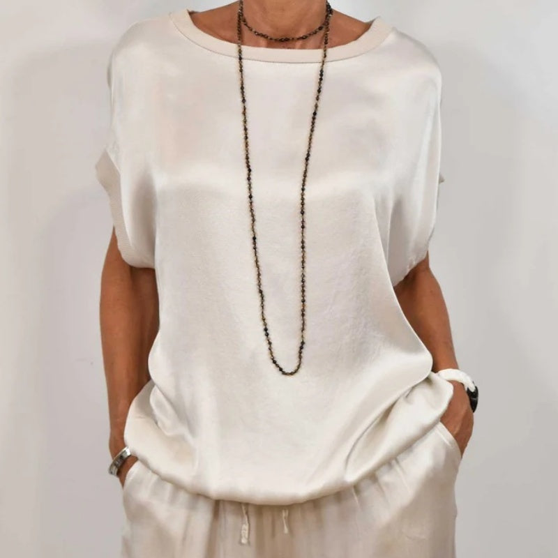Women's Satin Short Sleeve Top & Pants 2-Piece Set