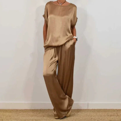Women's Satin Short Sleeve Top & Pants 2-Piece Set