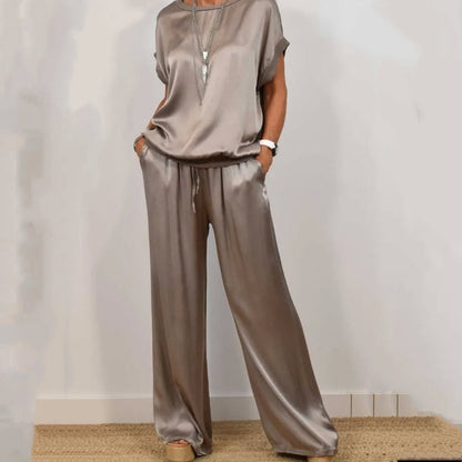 Women's Satin Short Sleeve Top & Pants 2-Piece Set