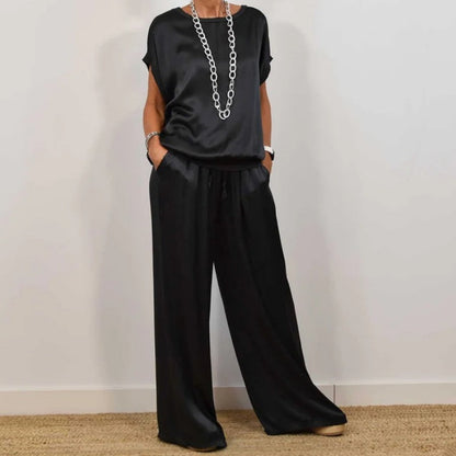 Women's Satin Short Sleeve Top & Pants 2-Piece Set