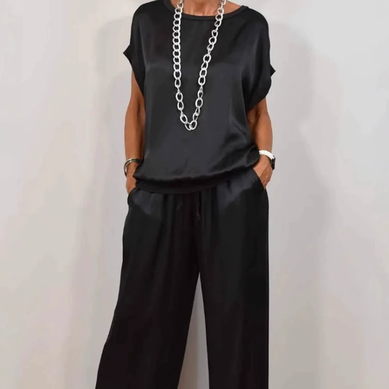 Women's Satin Short Sleeve Top & Pants 2-Piece Set