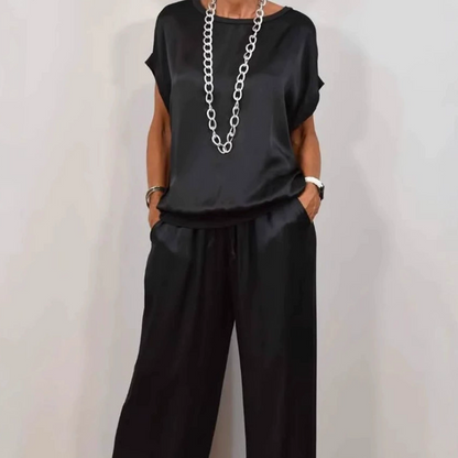 Women's Satin Short Sleeve Top & Pants 2-Piece Set