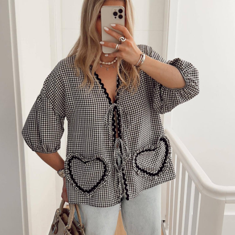 Cute Plaid Heart Print Tie Front Shirt