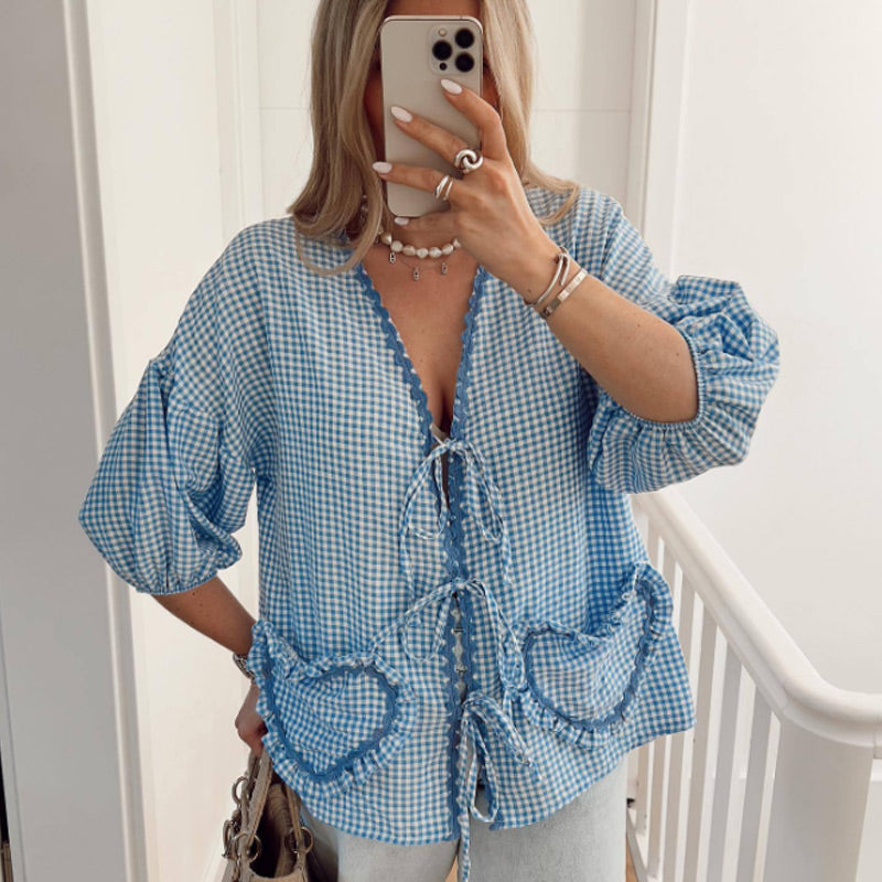 Cute Plaid Heart Print Tie Front Shirt