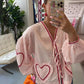 Cute Plaid Heart Print Tie Front Shirt