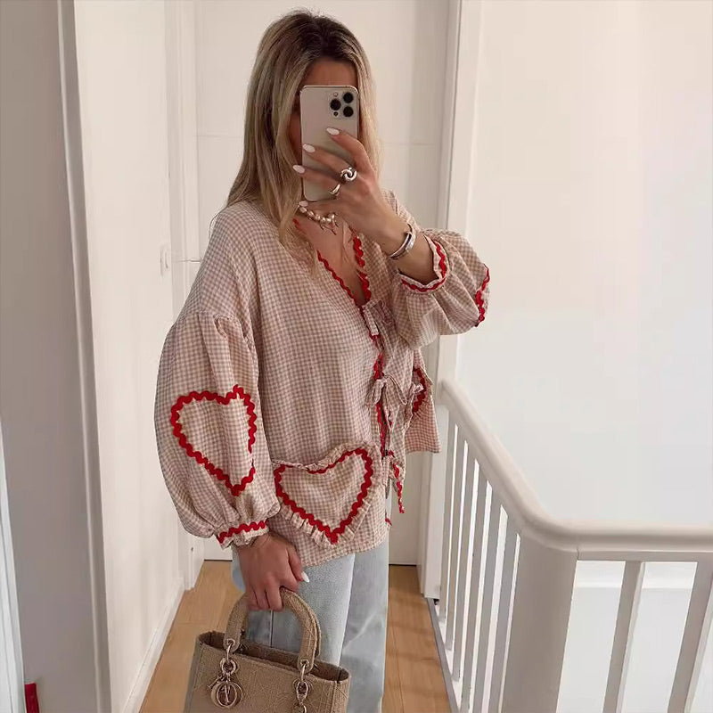 Cute Plaid Heart Print Tie Front Shirt