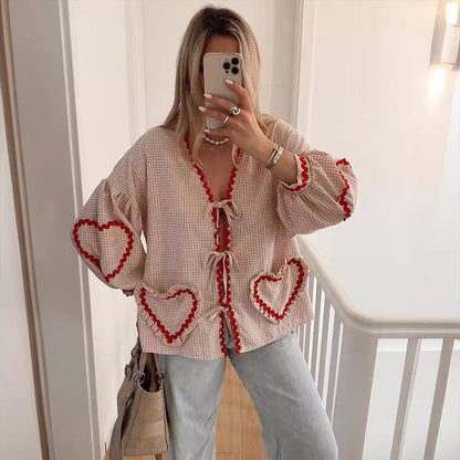 Cute Plaid Heart Print Tie Front Shirt