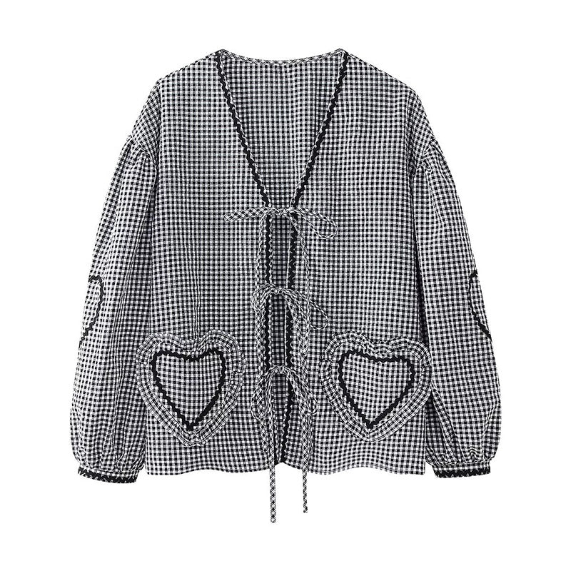 Cute Plaid Heart Print Tie Front Shirt