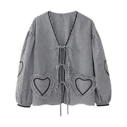 Cute Plaid Heart Print Tie Front Shirt