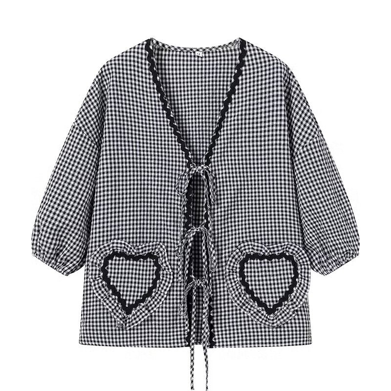 Cute Plaid Heart Print Tie Front Shirt