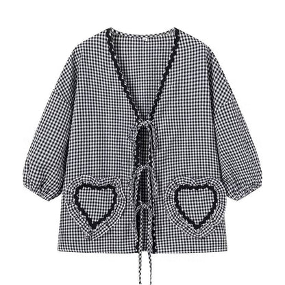Cute Plaid Heart Print Tie Front Shirt