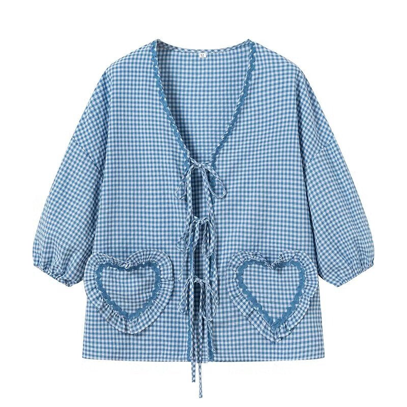 Cute Plaid Heart Print Tie Front Shirt