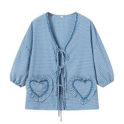 Cute Plaid Heart Print Tie Front Shirt