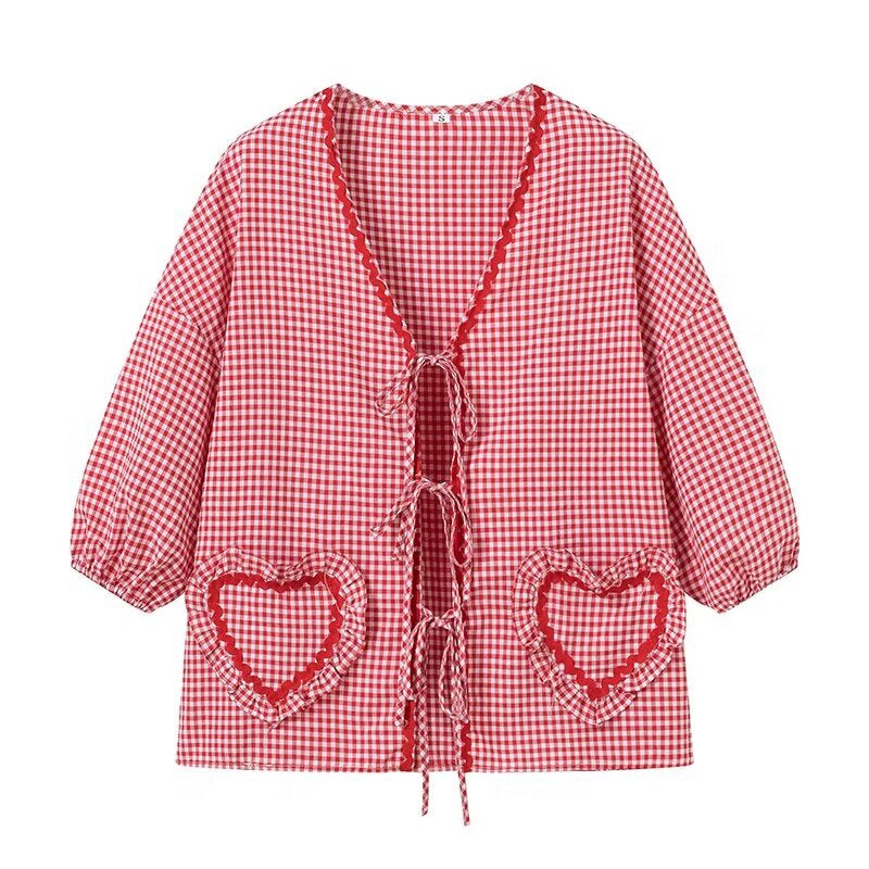 Cute Plaid Heart Print Tie Front Shirt